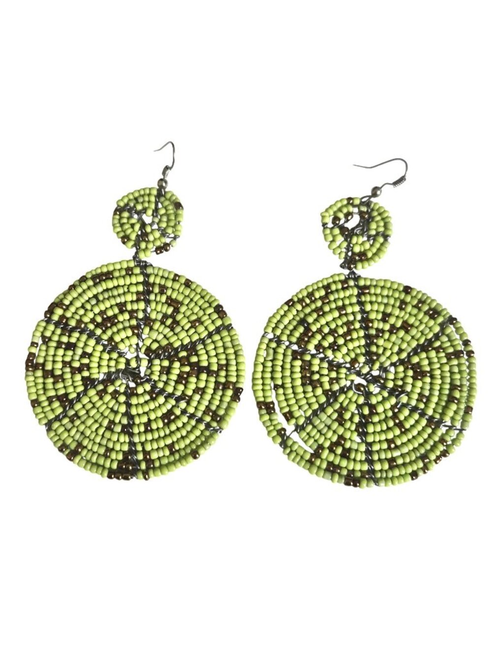 Traditional African Maasai Green Glass Circle Beaded Dangle Drop Earrings